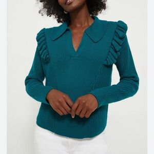 NEW Tuckernuck Hyacinth house Teal Ruffled Sweater Casey Collared Vneck Size S